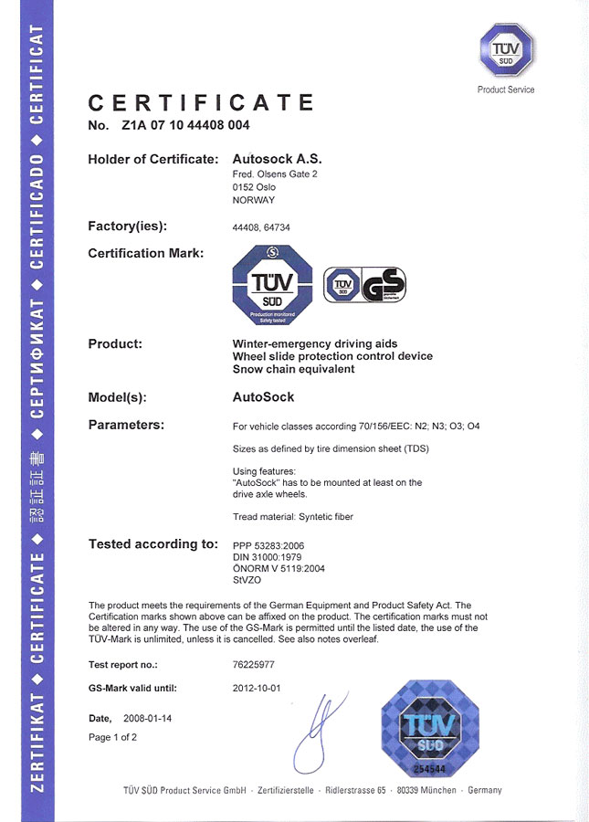 Certifikát TÜV AutoSock – nákladní vozy