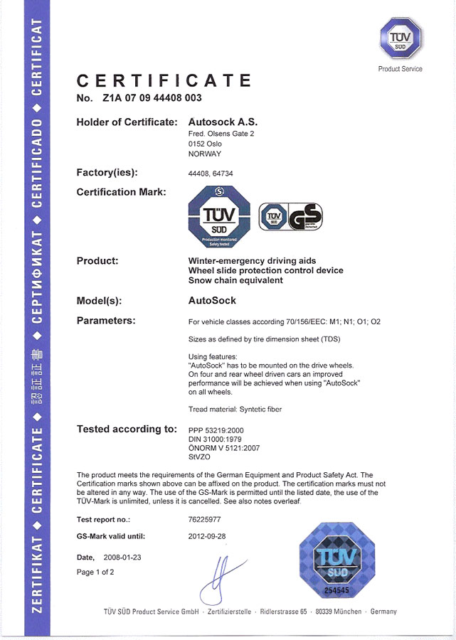 Certifikát TÜV AutoSock – osobní vozy