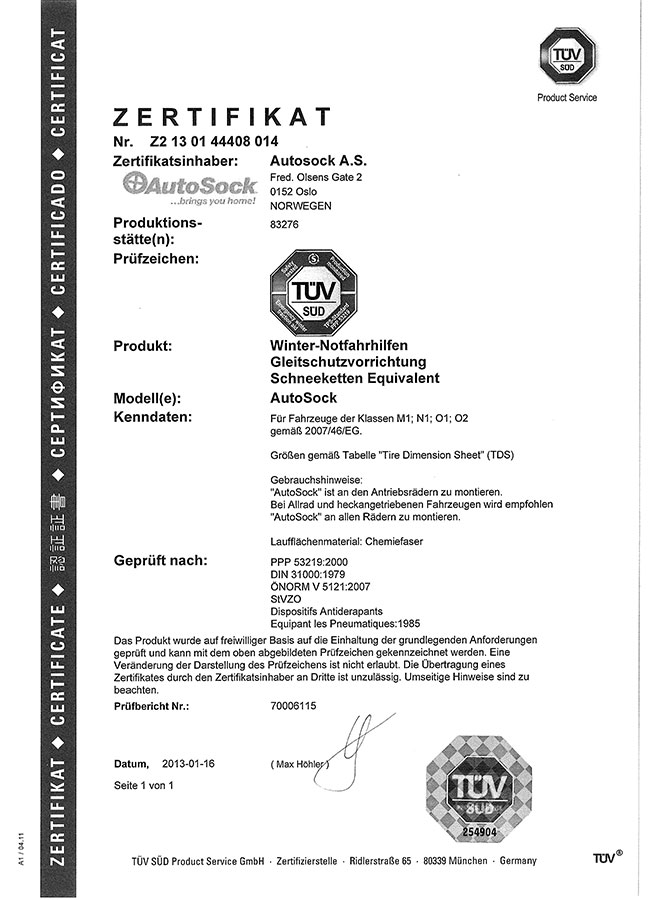 Certifikát TÜV AutoSock – osobní vozy